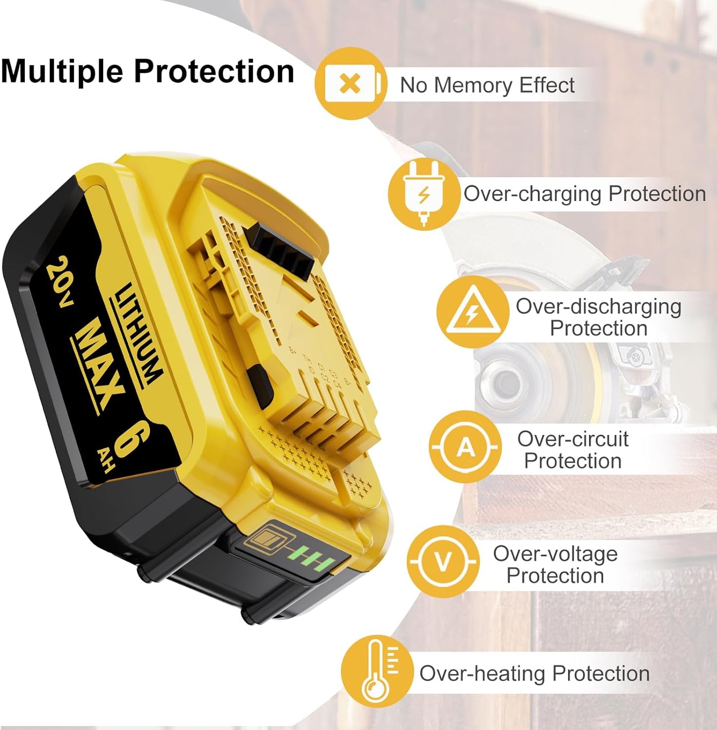 6.0Ah Battery Replacement for Dewalt 20V Max Power Tool Battery