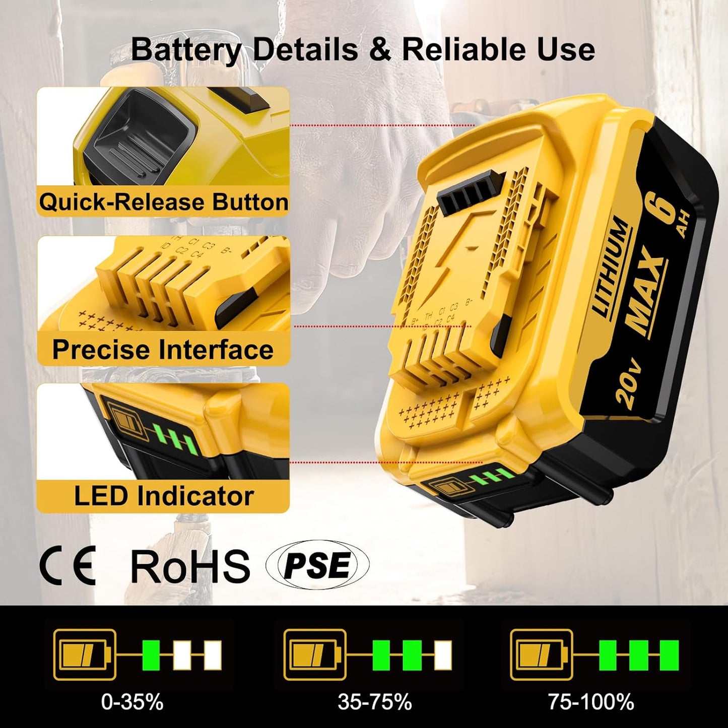 6.0Ah Battery Replacement for Dewalt 20V Max Power Tool Battery